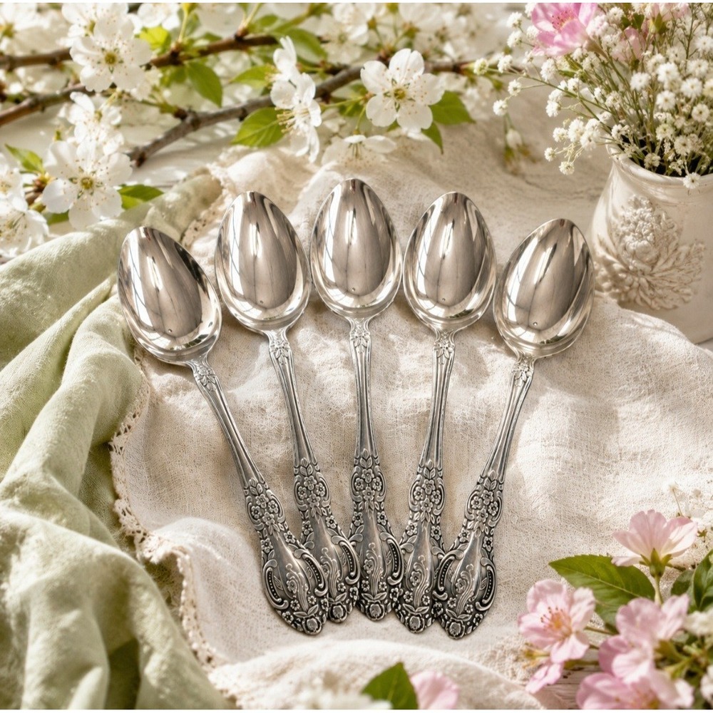 Springtime Oval Soup Spoons / Place Spoons Set Of 5 Stainless Steel Japan 1970s